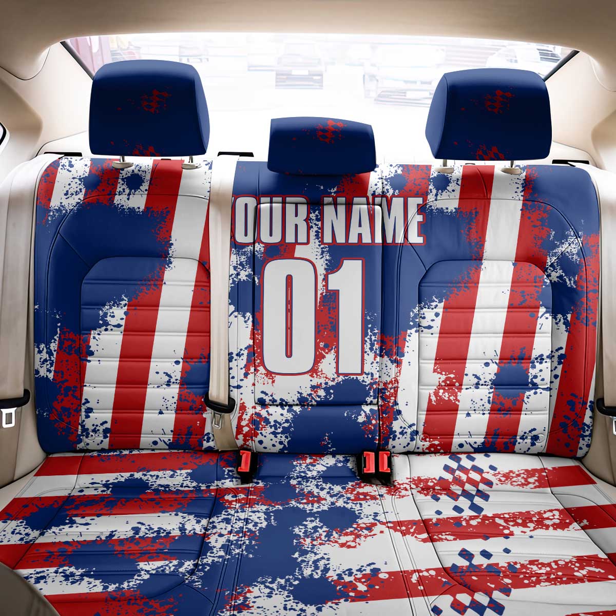 Moto X Skull Graphic Back Car Seat Cover with Red White Blue Splatter and Custom Number Design - Wonder Print Shop