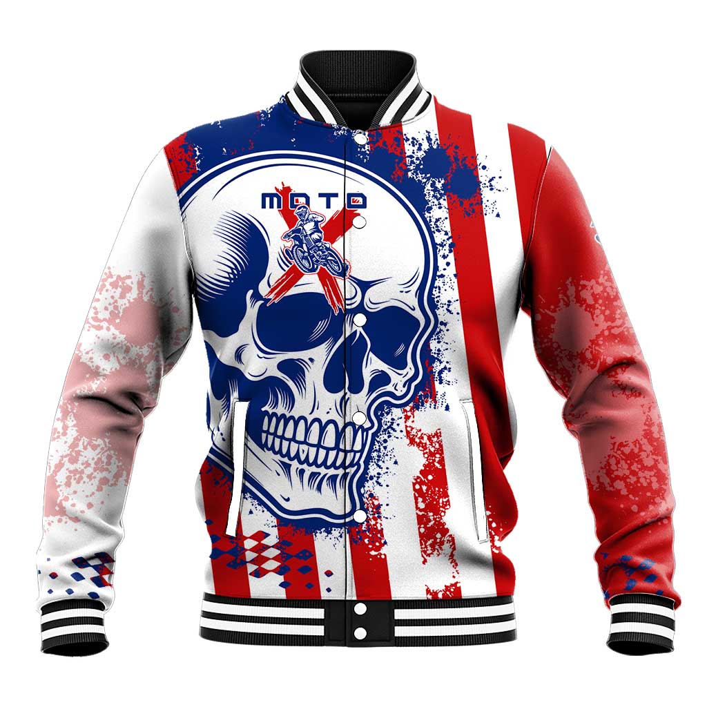 Moto X Skull Graphic Baseball Jacket with Red White Blue Splatter and Custom Number Design - Wonder Print Shop