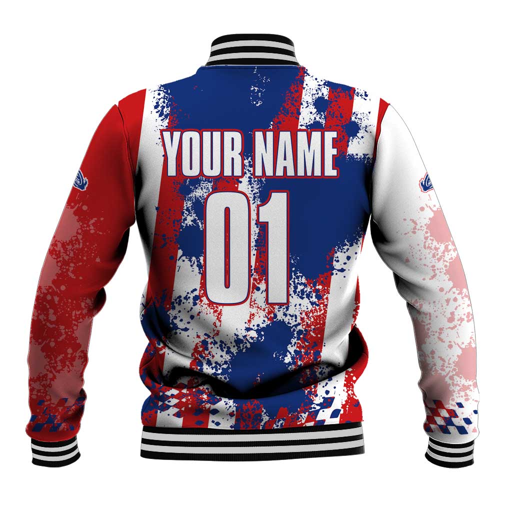 Moto X Skull Graphic Baseball Jacket with Red White Blue Splatter and Custom Number Design - Wonder Print Shop