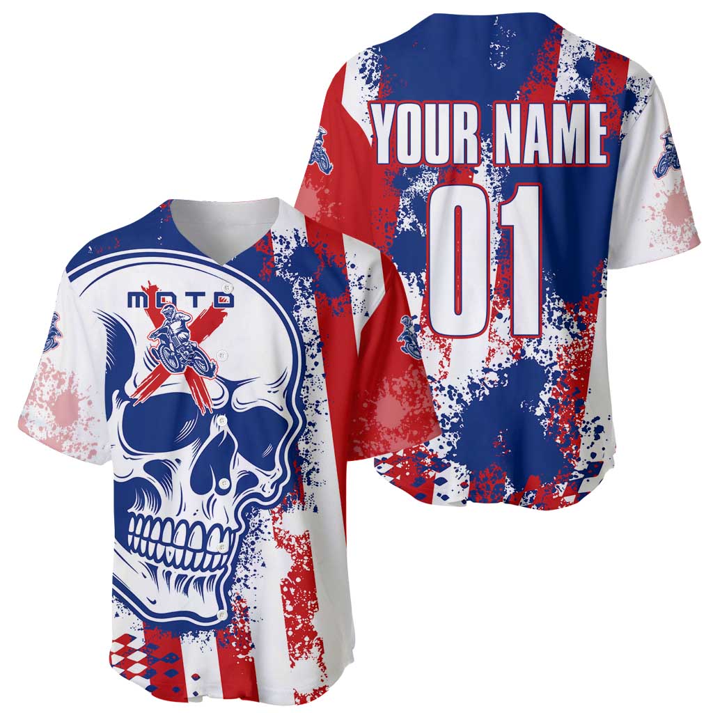 Moto X Skull Graphic Baseball Jersey with Red White Blue Splatter and Custom Number Design - Wonder Print Shop