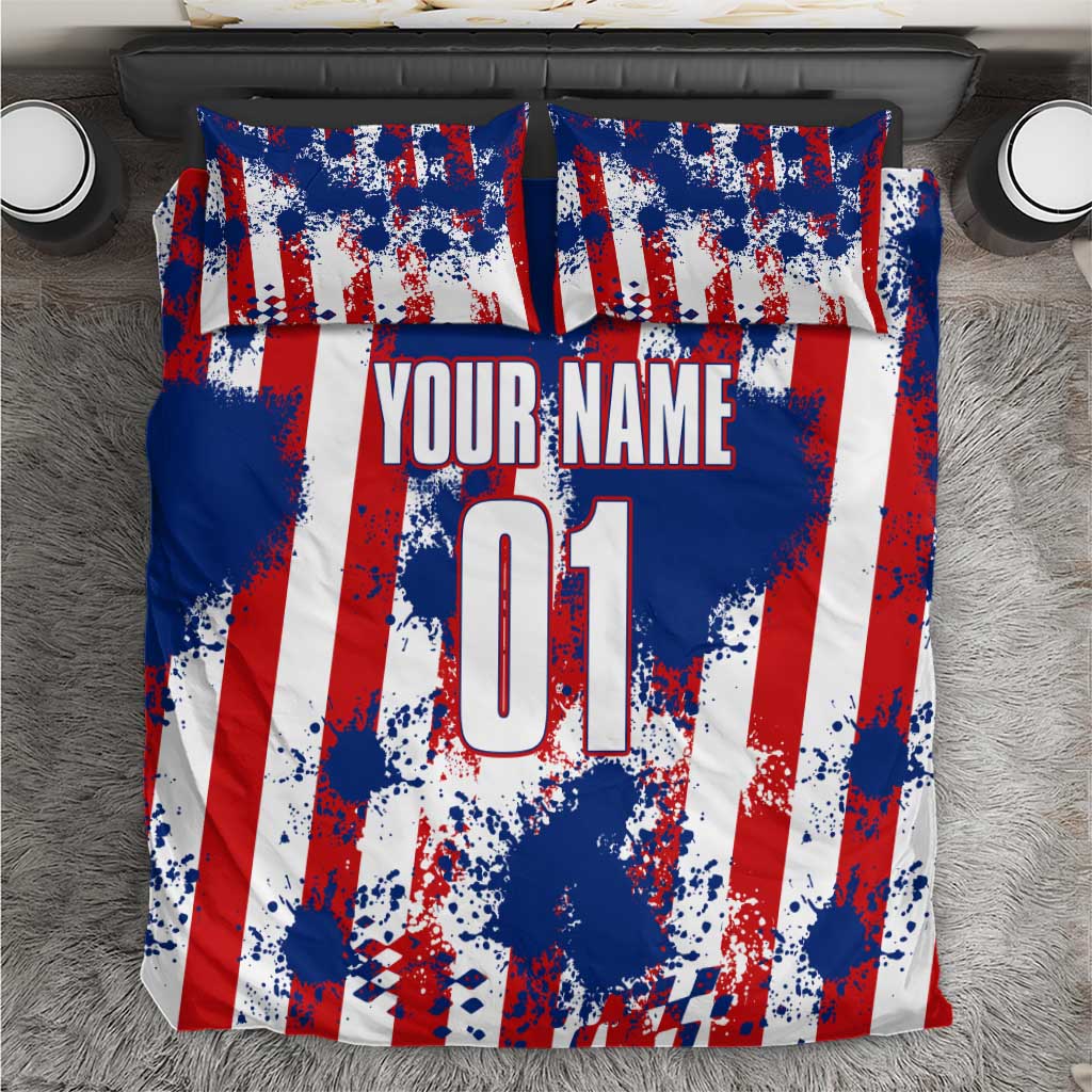 Moto X Skull Graphic Bedding Set with Red White Blue Splatter and Custom Number Design - Wonder Print Shop