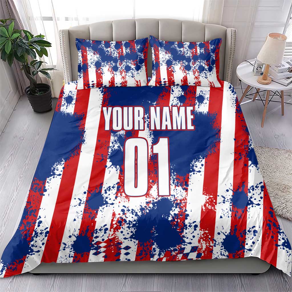 Moto X Skull Graphic Bedding Set with Red White Blue Splatter and Custom Number Design - Wonder Print Shop