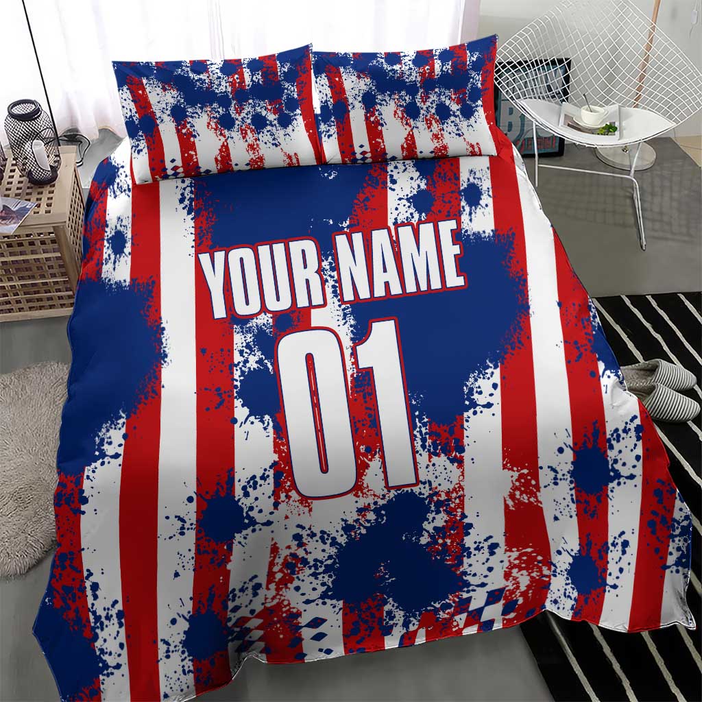 Moto X Skull Graphic Bedding Set with Red White Blue Splatter and Custom Number Design - Wonder Print Shop