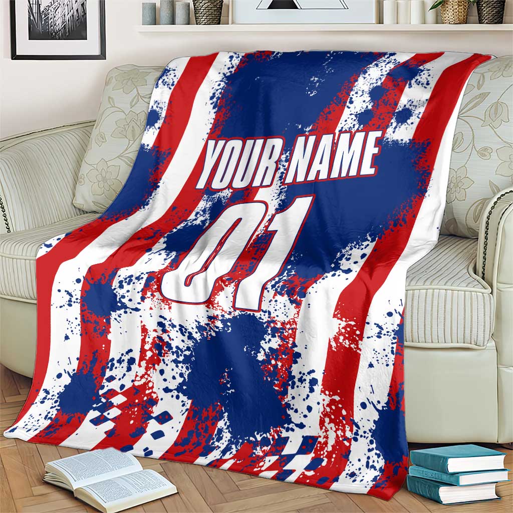 Moto X Skull Graphic Blanket with Red White Blue Splatter and Custom Number Design - Wonder Print Shop