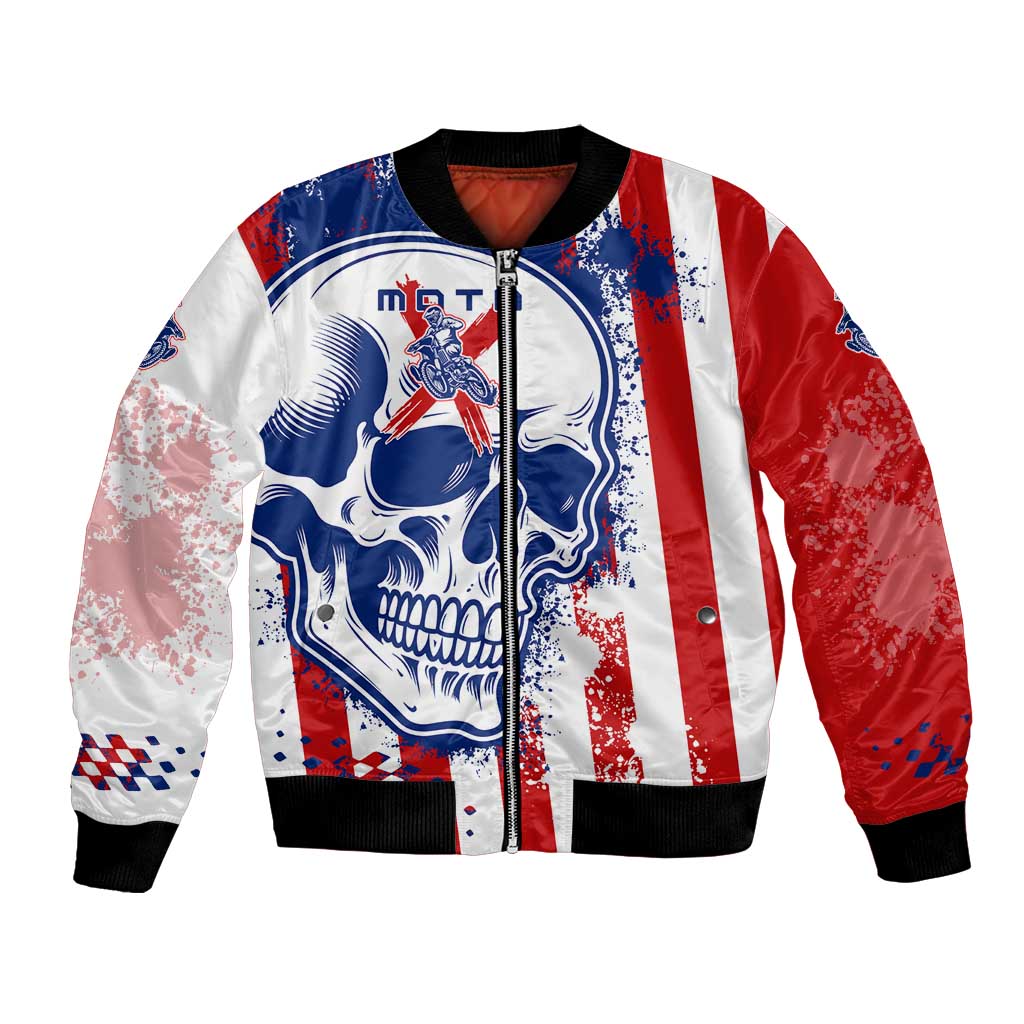 Moto X Skull Graphic Bomber Jacket with Red White Blue Splatter and Custom Number Design - Wonder Print Shop