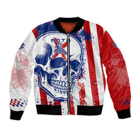 Moto X Skull Graphic Bomber Jacket with Red White Blue Splatter and Custom Number Design - Wonder Print Shop