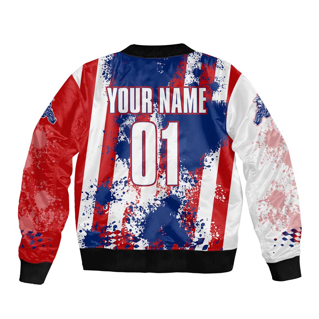 Moto X Skull Graphic Bomber Jacket with Red White Blue Splatter and Custom Number Design - Wonder Print Shop