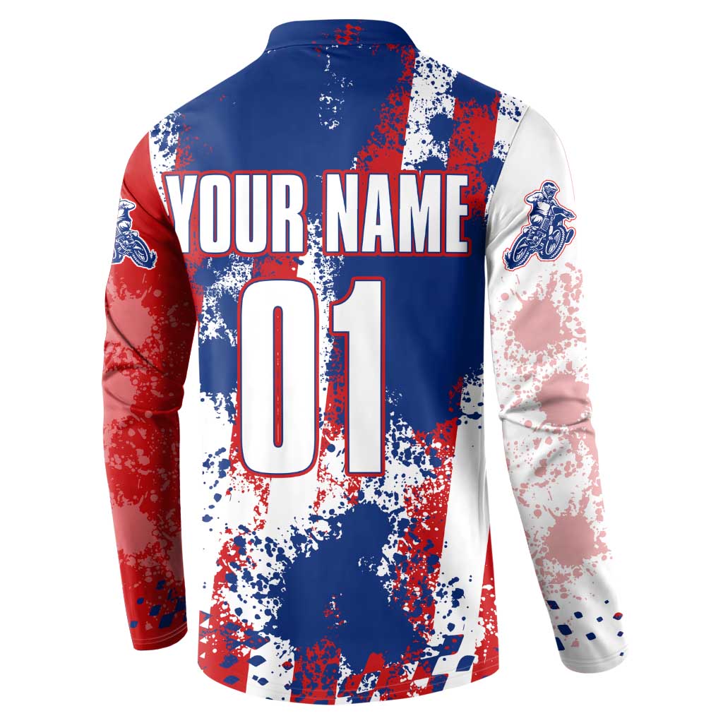 Moto X Skull Graphic Button Sweatshirt with Red White Blue Splatter and Custom Number Design - Wonder Print Shop
