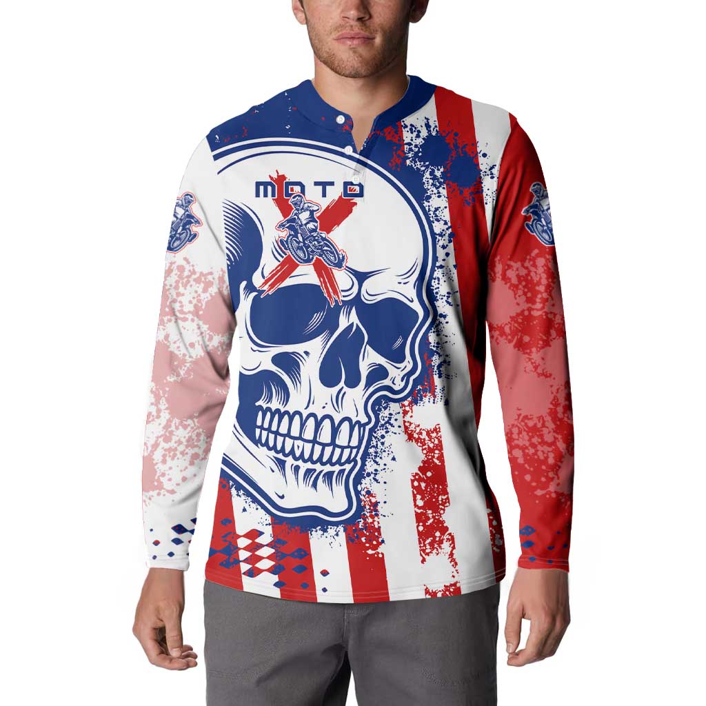 Moto X Skull Graphic Button Sweatshirt with Red White Blue Splatter and Custom Number Design - Wonder Print Shop