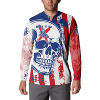 Moto X Skull Graphic Button Sweatshirt with Red White Blue Splatter and Custom Number Design - Wonder Print Shop