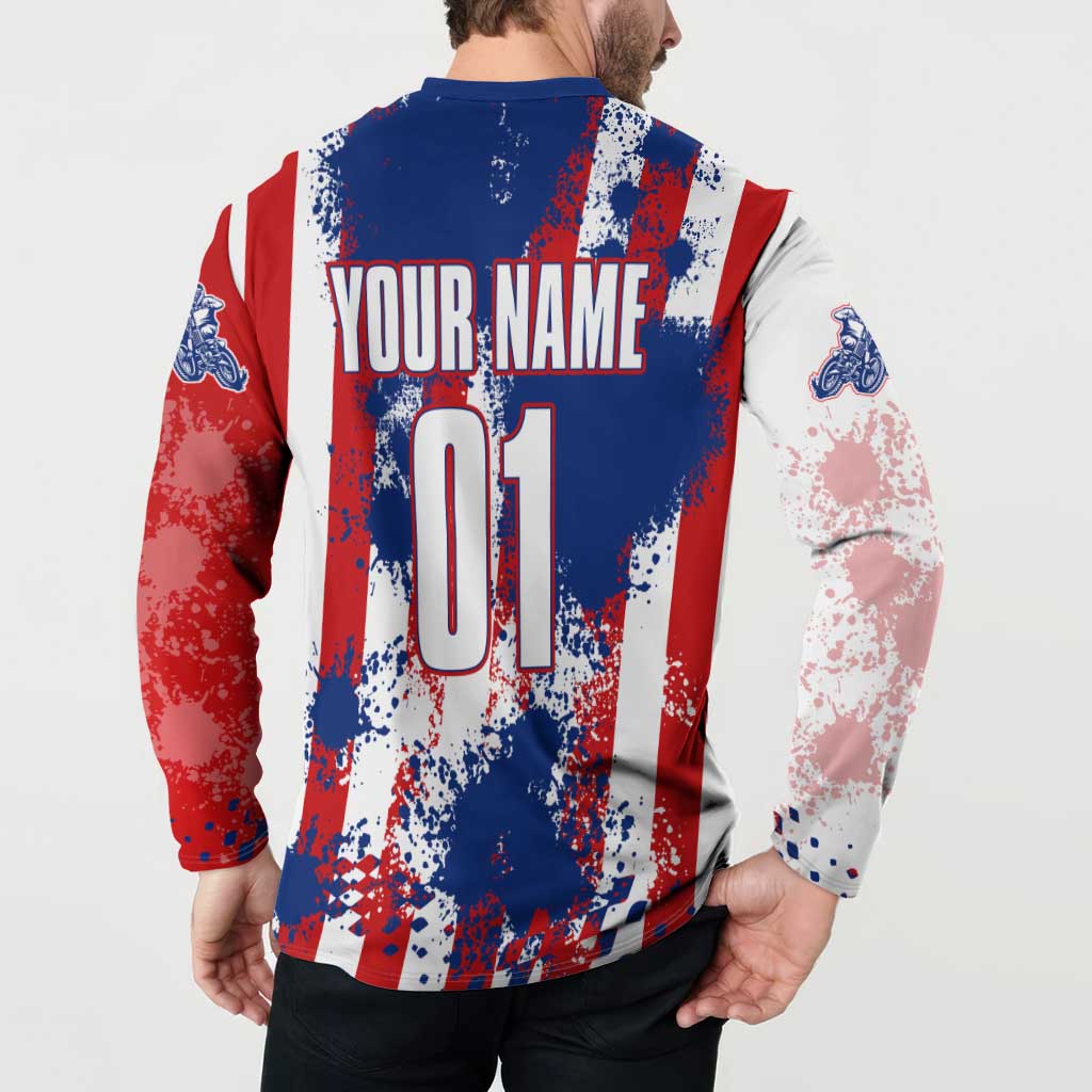 Moto X Skull Graphic Button Sweatshirt with Red White Blue Splatter and Custom Number Design - Wonder Print Shop