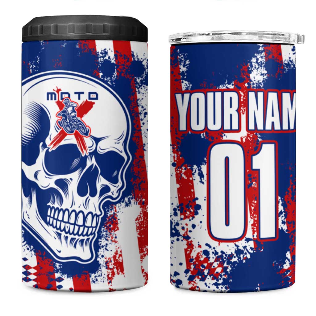 Moto X Skull Graphic 4 in 1 Can Cooler Tumbler with Red White Blue Splatter and Custom Number Design - Wonder Print Shop