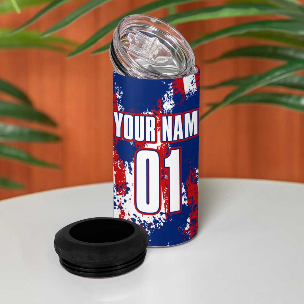 Moto X Skull Graphic 4 in 1 Can Cooler Tumbler with Red White Blue Splatter and Custom Number Design - Wonder Print Shop