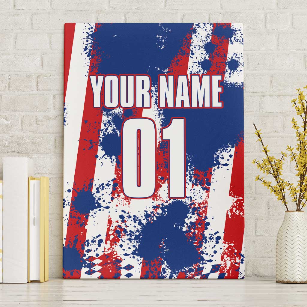 Moto X Skull Graphic Canvas Wall Art with Red White Blue Splatter and Custom Number Design - Wonder Print Shop