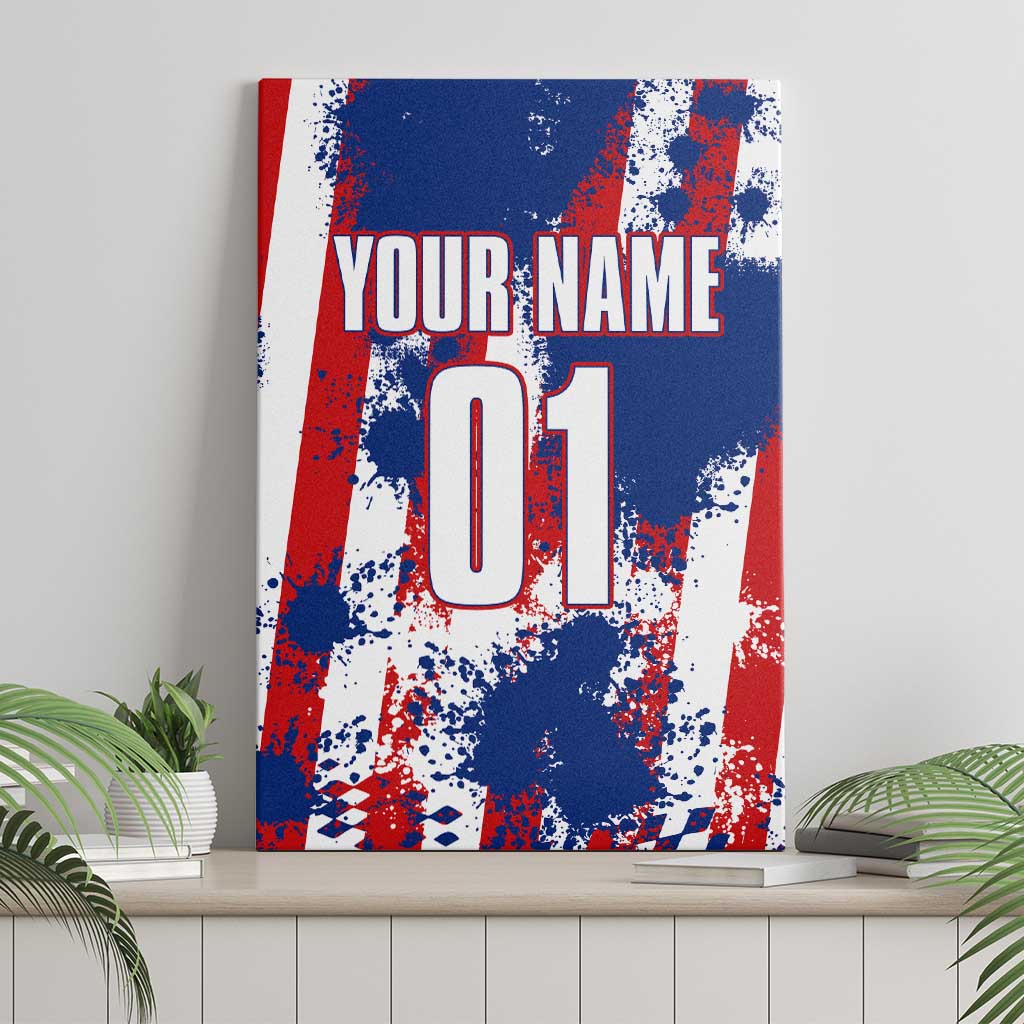 Moto X Skull Graphic Canvas Wall Art with Red White Blue Splatter and Custom Number Design - Wonder Print Shop