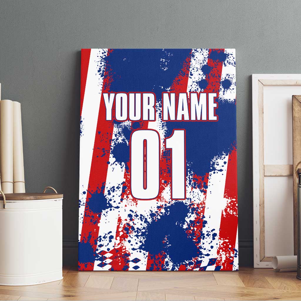 Moto X Skull Graphic Canvas Wall Art with Red White Blue Splatter and Custom Number Design - Wonder Print Shop