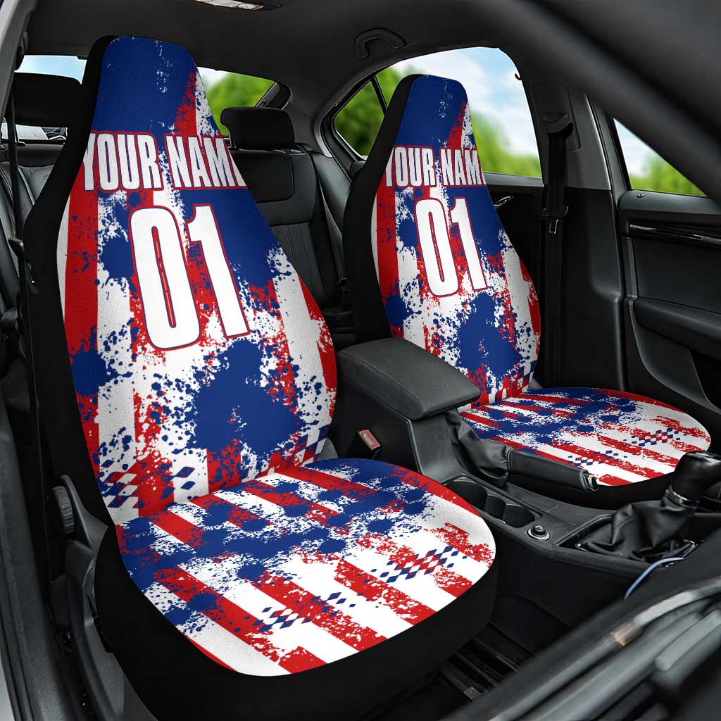 Moto X Skull Graphic Car Seat Cover with Red White Blue Splatter and Custom Number Design - Wonder Print Shop
