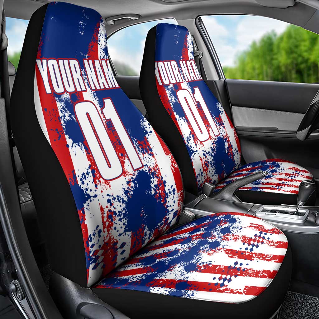 Moto X Skull Graphic Car Seat Cover with Red White Blue Splatter and Custom Number Design - Wonder Print Shop