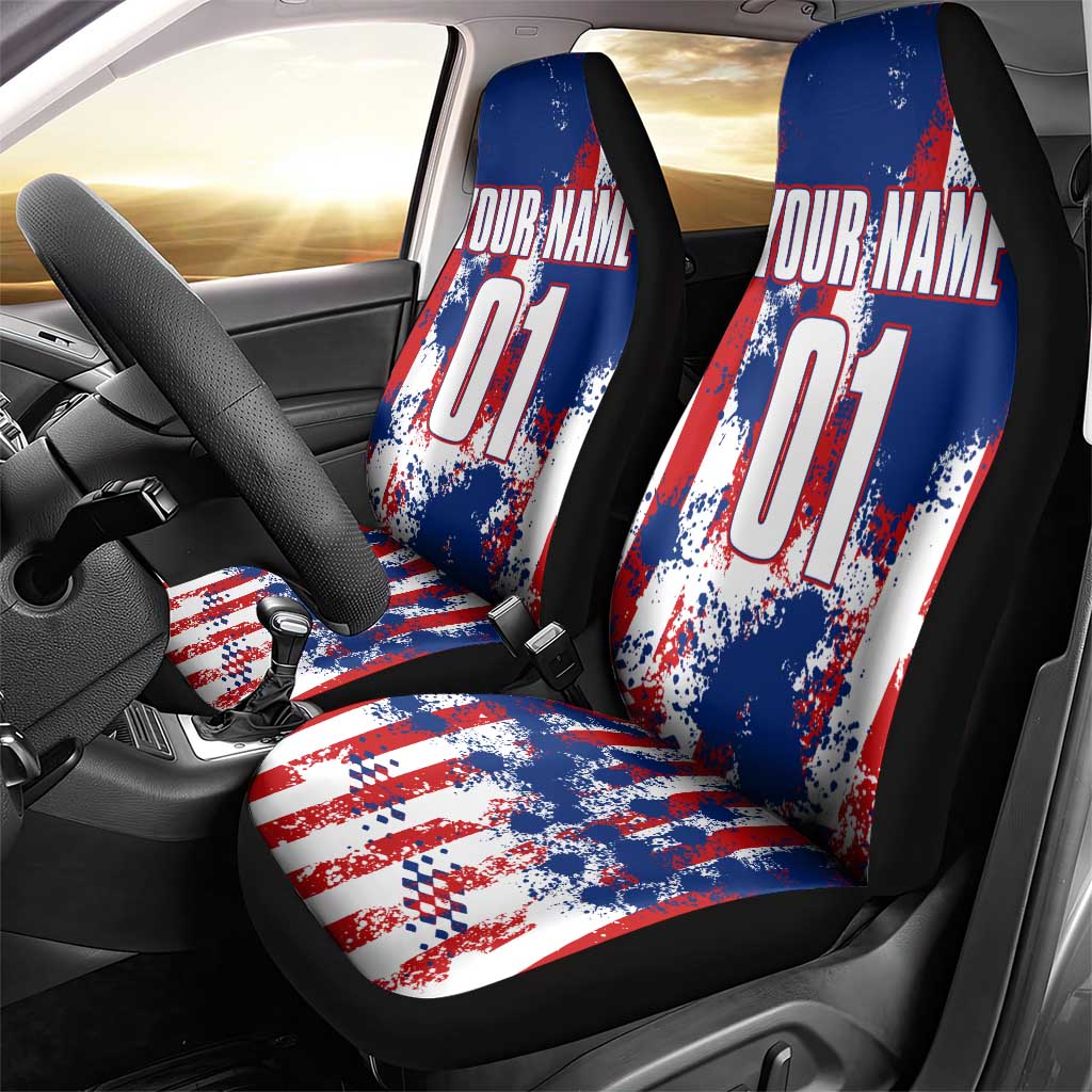 Moto X Skull Graphic Car Seat Cover with Red White Blue Splatter and Custom Number Design - Wonder Print Shop