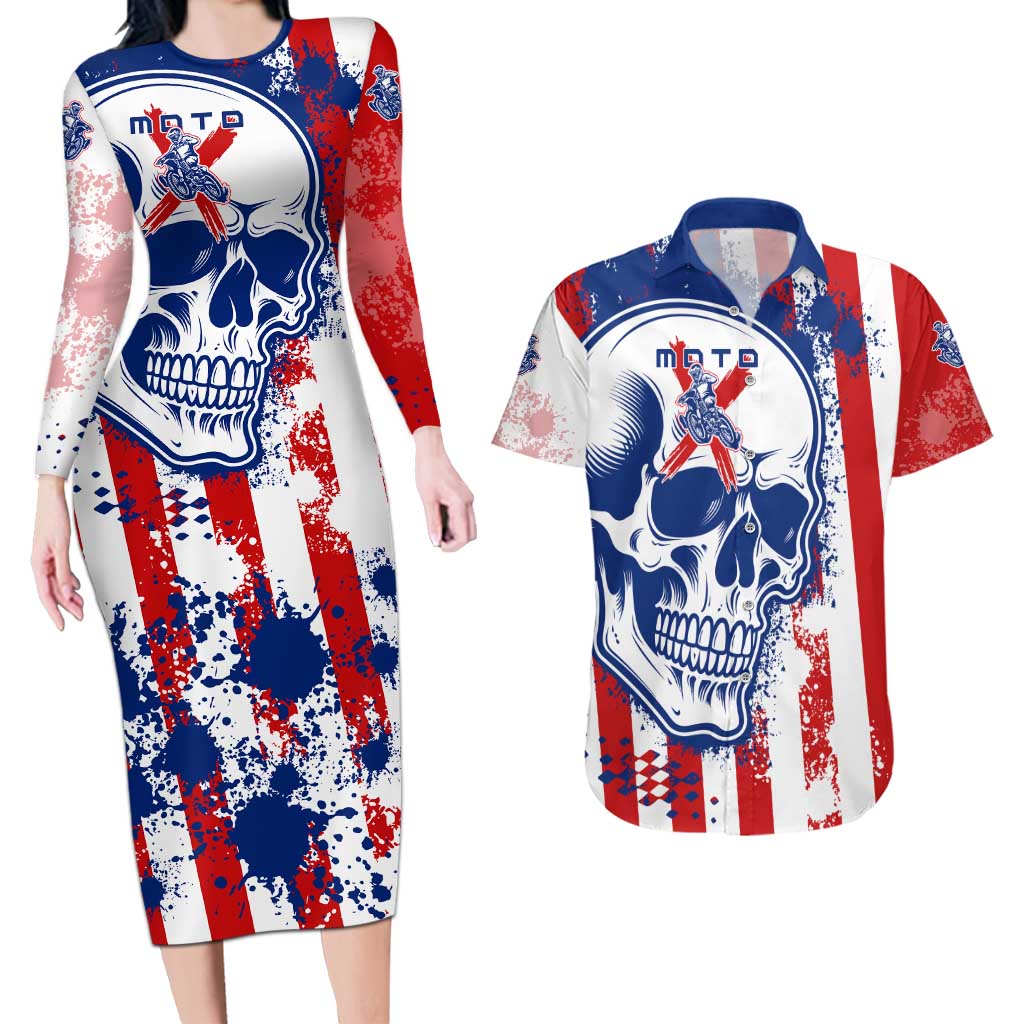 Moto X Skull Graphic Couples Matching Long Sleeve Bodycon Dress and Hawaiian Shirt with Red White Blue Splatter and Custom Number Design - Wonder Print Shop