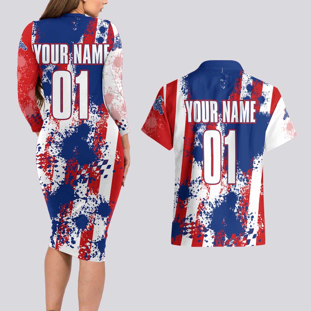 Moto X Skull Graphic Couples Matching Long Sleeve Bodycon Dress and Hawaiian Shirt with Red White Blue Splatter and Custom Number Design - Wonder Print Shop