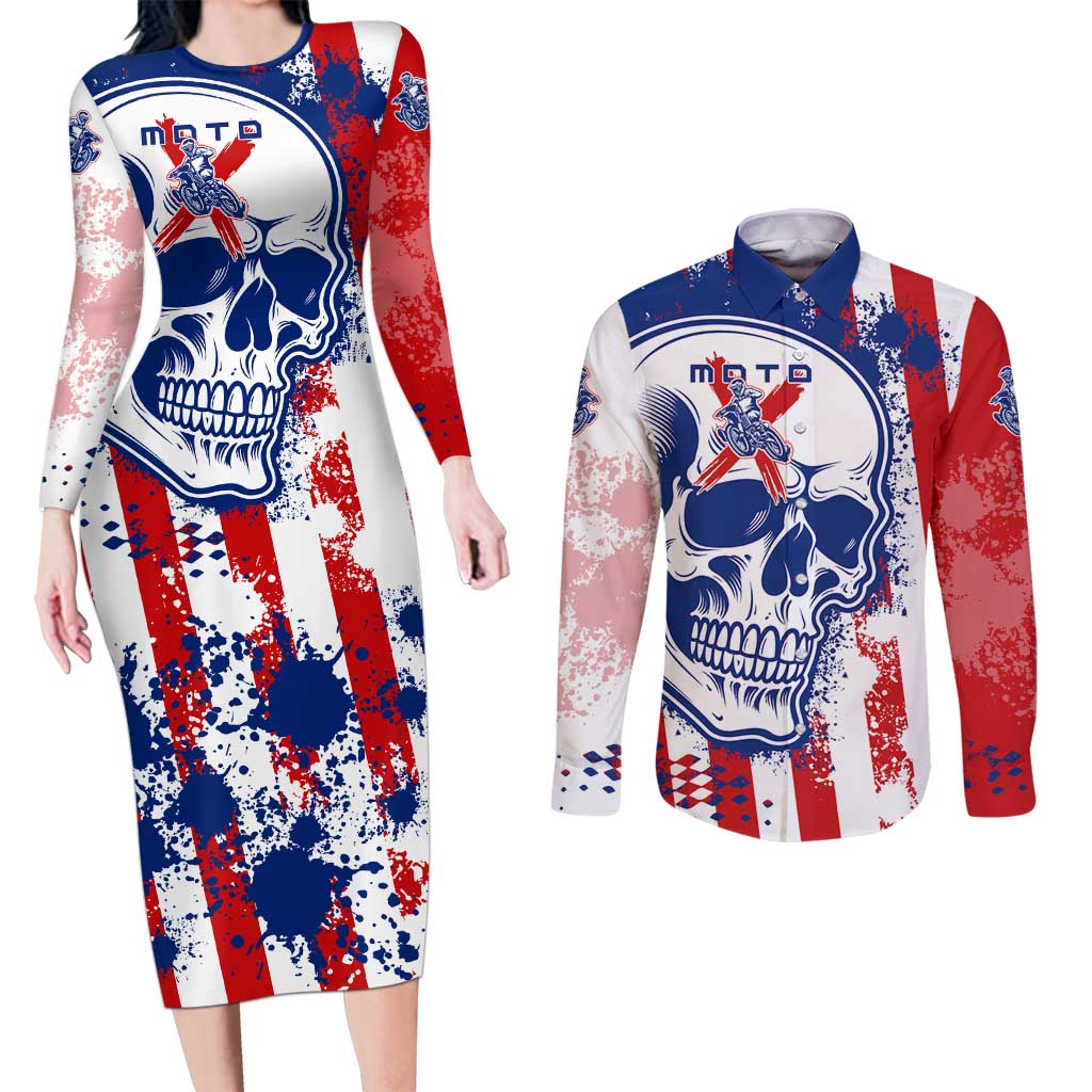 Moto X Skull Graphic Couples Matching Long Sleeve Bodycon Dress and Long Sleeve Button Shirt with Red White Blue Splatter and Custom Number Design - Wonder Print Shop