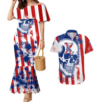 Moto X Skull Graphic Couples Matching Mermaid Dress and Hawaiian Shirt with Red White Blue Splatter and Custom Number Design - Wonder Print Shop