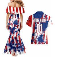 Moto X Skull Graphic Couples Matching Mermaid Dress and Hawaiian Shirt with Red White Blue Splatter and Custom Number Design - Wonder Print Shop