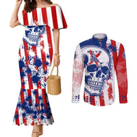 Moto X Skull Graphic Couples Matching Mermaid Dress and Long Sleeve Button Shirt with Red White Blue Splatter and Custom Number Design - Wonder Print Shop