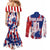 Moto X Skull Graphic Couples Matching Mermaid Dress and Long Sleeve Button Shirt with Red White Blue Splatter and Custom Number Design - Wonder Print Shop
