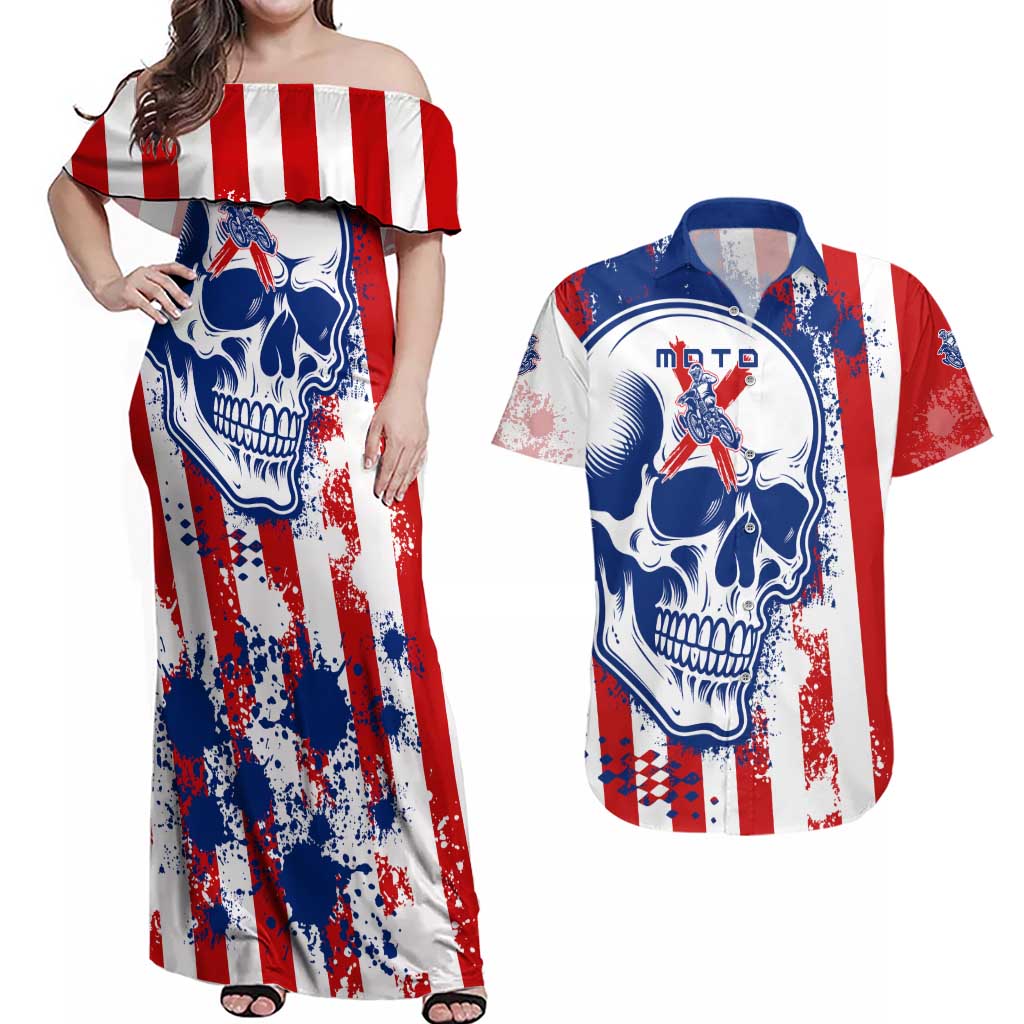 Moto X Skull Graphic Couples Matching Off Shoulder Maxi Dress and Hawaiian Shirt with Red White Blue Splatter and Custom Number Design - Wonder Print Shop