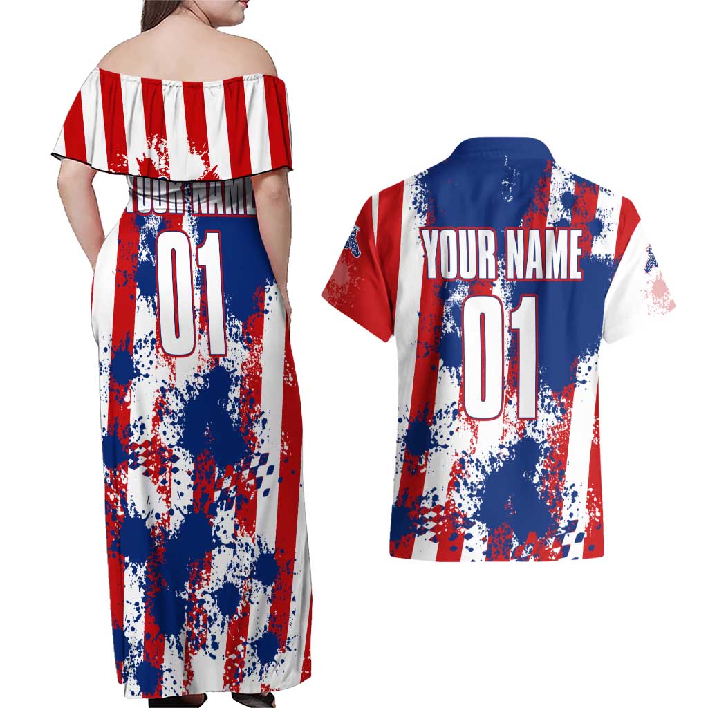 Moto X Skull Graphic Couples Matching Off Shoulder Maxi Dress and Hawaiian Shirt with Red White Blue Splatter and Custom Number Design - Wonder Print Shop