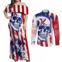 Moto X Skull Graphic Couples Matching Off Shoulder Maxi Dress and Long Sleeve Button Shirt with Red White Blue Splatter and Custom Number Design - Wonder Print Shop