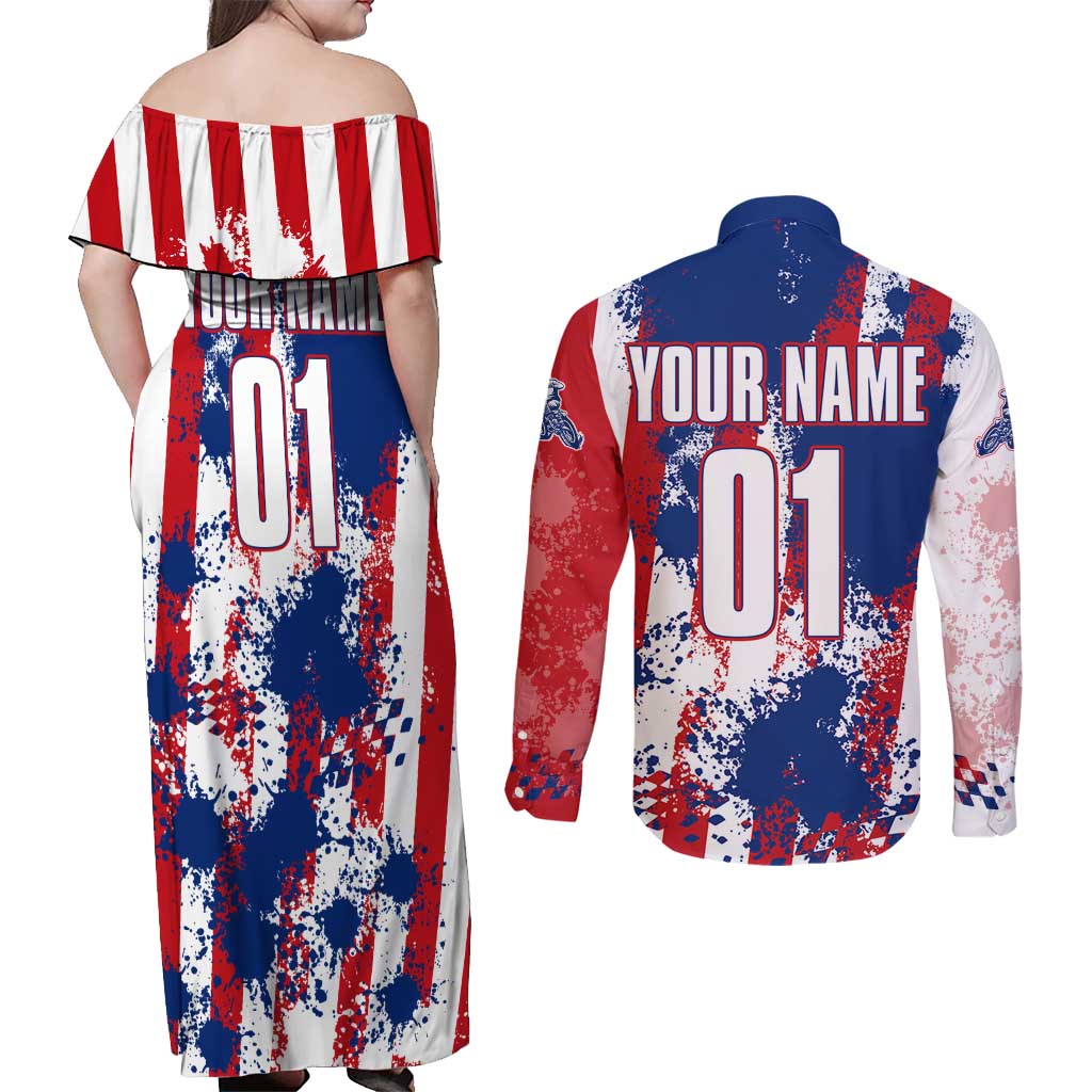 Moto X Skull Graphic Couples Matching Off Shoulder Maxi Dress and Long Sleeve Button Shirt with Red White Blue Splatter and Custom Number Design - Wonder Print Shop
