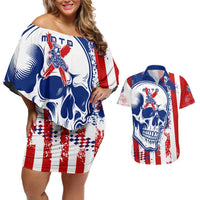 Moto X Skull Graphic Couples Matching Off Shoulder Short Dress and Hawaiian Shirt with Red White Blue Splatter and Custom Number Design - Wonder Print Shop