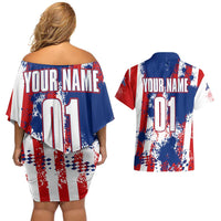 Moto X Skull Graphic Couples Matching Off Shoulder Short Dress and Hawaiian Shirt with Red White Blue Splatter and Custom Number Design - Wonder Print Shop