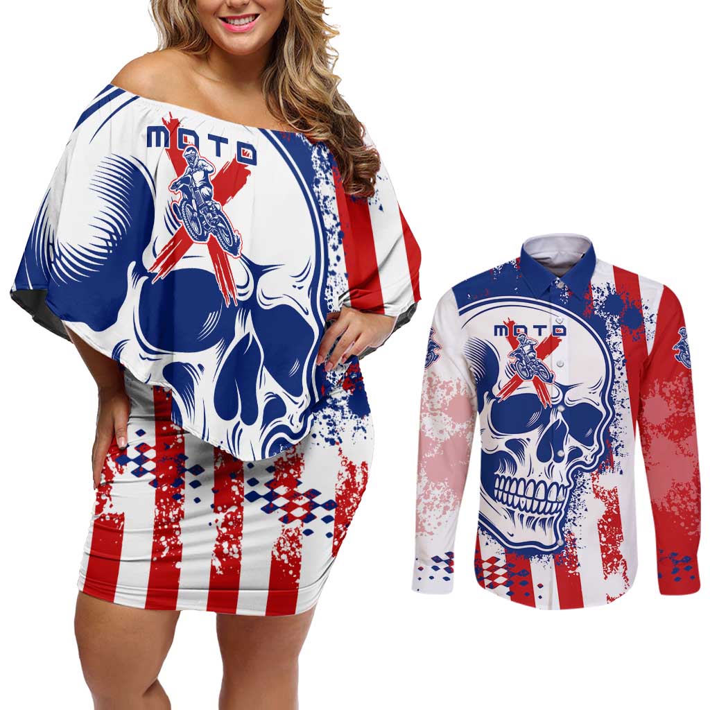 Moto X Skull Graphic Couples Matching Off Shoulder Short Dress and Long Sleeve Button Shirt with Red White Blue Splatter and Custom Number Design - Wonder Print Shop