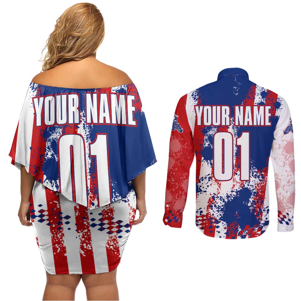 Moto X Skull Graphic Couples Matching Off Shoulder Short Dress and Long Sleeve Button Shirt with Red White Blue Splatter and Custom Number Design - Wonder Print Shop