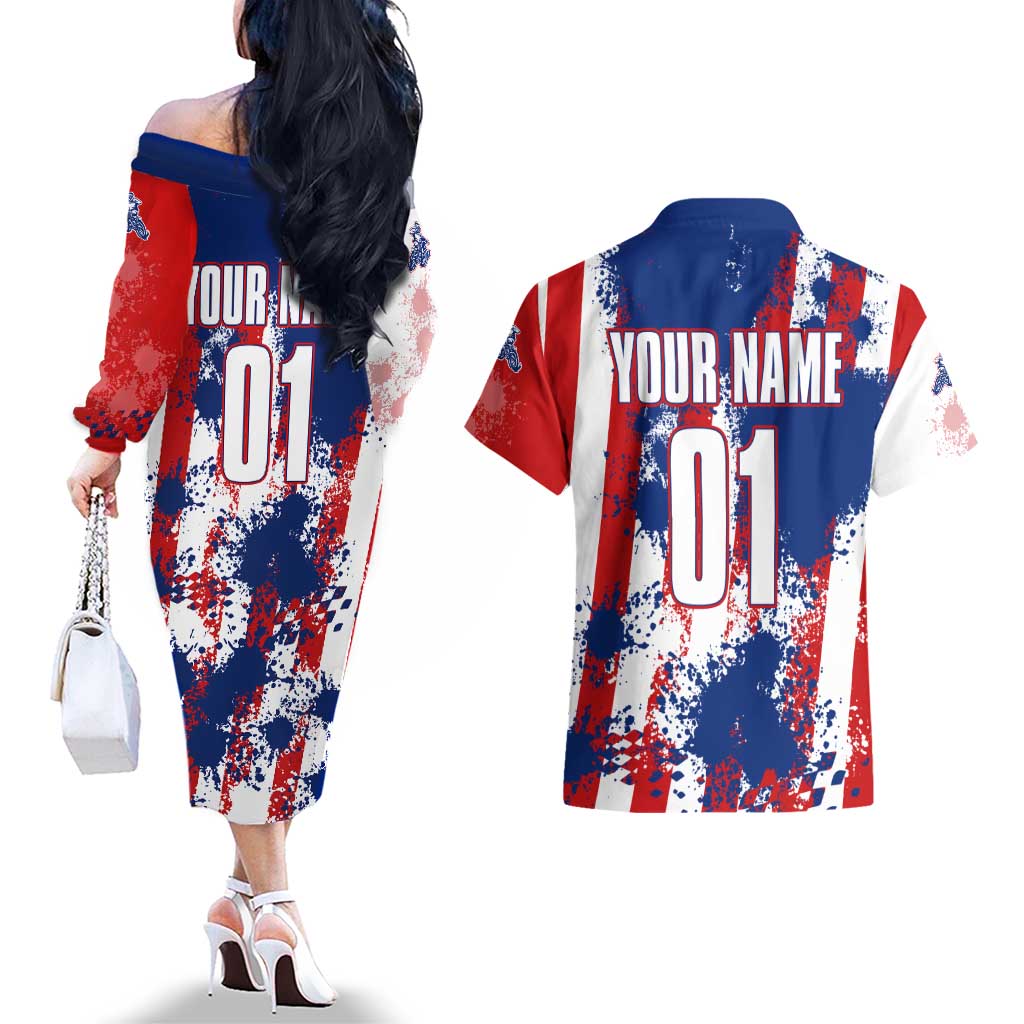 Moto X Skull Graphic Couples Matching Off The Shoulder Long Sleeve Dress and Hawaiian Shirt with Red White Blue Splatter and Custom Number Design - Wonder Print Shop