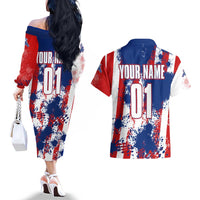 Moto X Skull Graphic Couples Matching Off The Shoulder Long Sleeve Dress and Hawaiian Shirt with Red White Blue Splatter and Custom Number Design - Wonder Print Shop