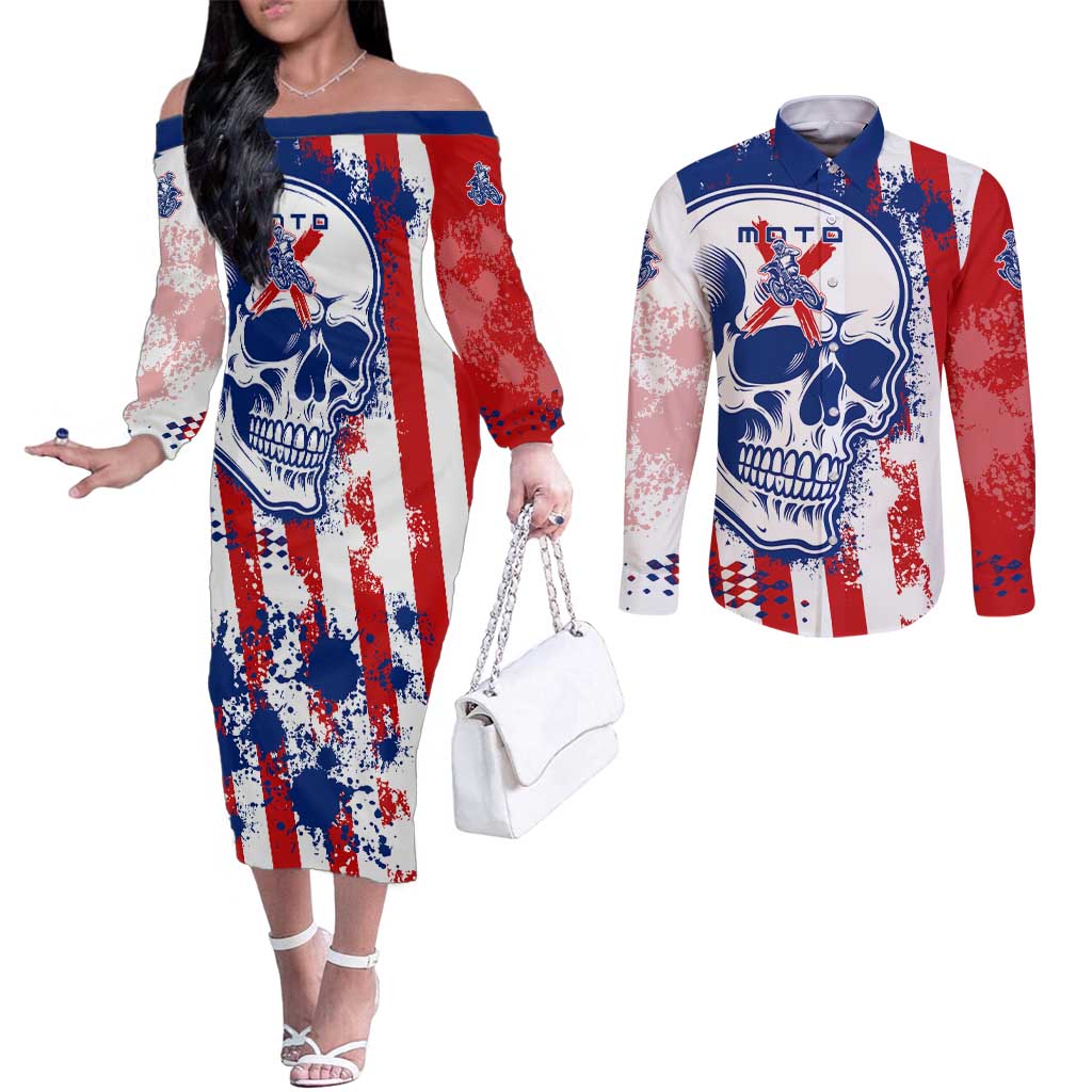 Moto X Skull Graphic Couples Matching Off The Shoulder Long Sleeve Dress and Long Sleeve Button Shirt with Red White Blue Splatter and Custom Number Design - Wonder Print Shop