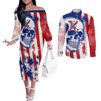 Moto X Skull Graphic Couples Matching Off The Shoulder Long Sleeve Dress and Long Sleeve Button Shirt with Red White Blue Splatter and Custom Number Design - Wonder Print Shop