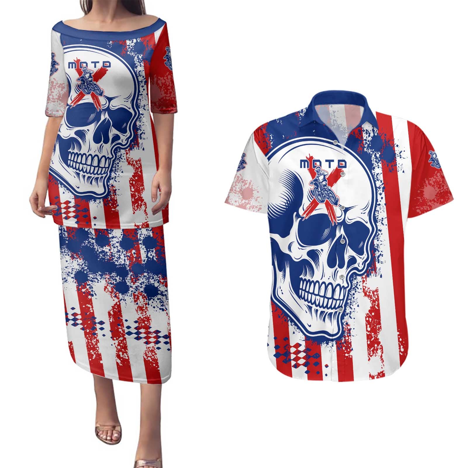 Moto X Skull Graphic Couples Matching Puletasi and Hawaiian Shirt with Red White Blue Splatter and Custom Number Design - Wonder Print Shop