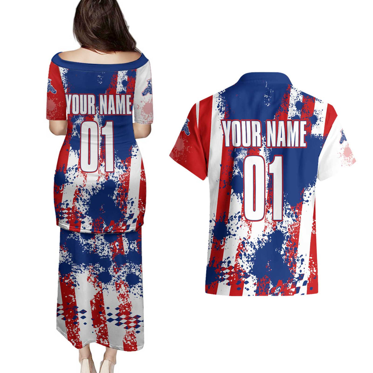 Moto X Skull Graphic Couples Matching Puletasi and Hawaiian Shirt with Red White Blue Splatter and Custom Number Design - Wonder Print Shop