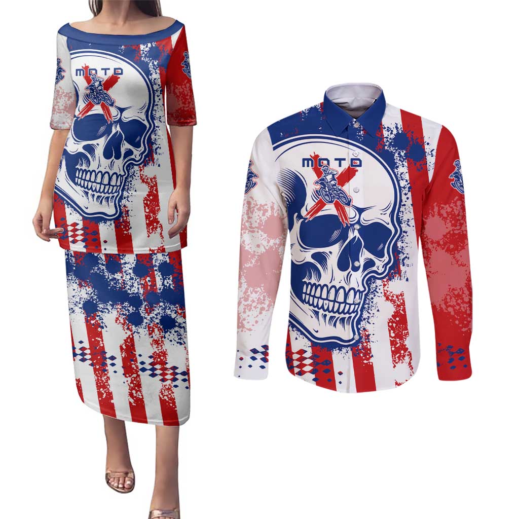 Moto X Skull Graphic Couples Matching Puletasi and Long Sleeve Button Shirt with Red White Blue Splatter and Custom Number Design - Wonder Print Shop