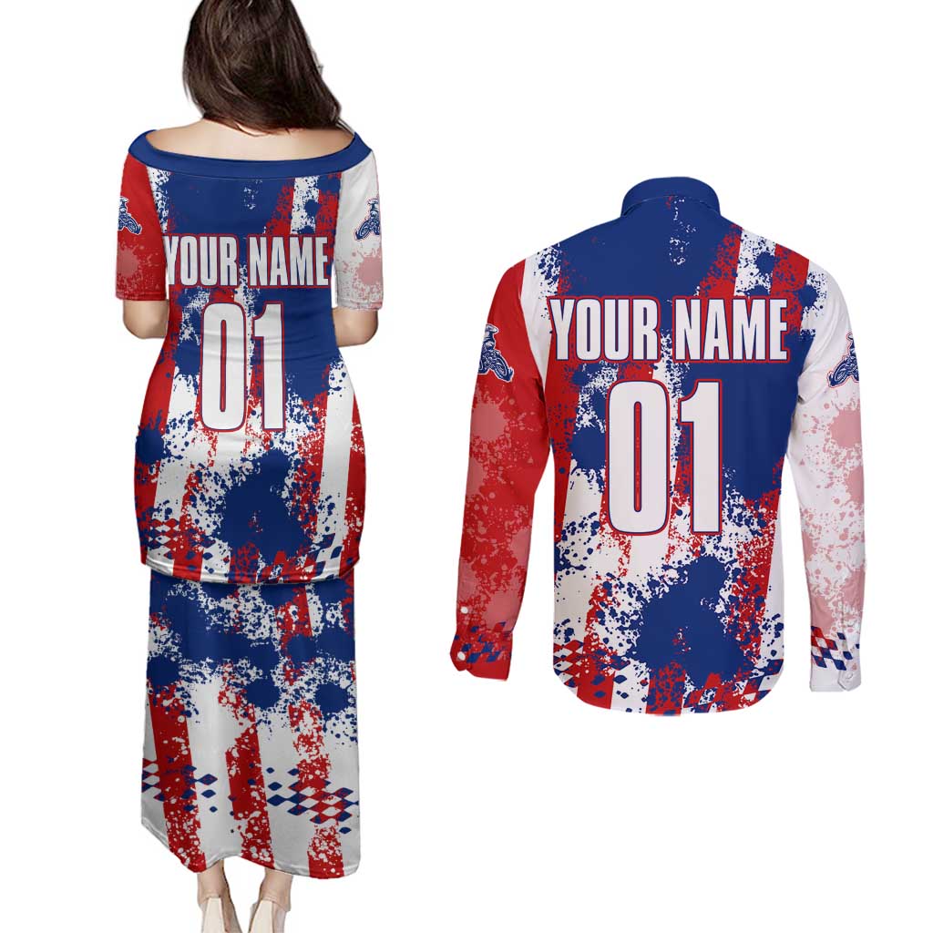 Moto X Skull Graphic Couples Matching Puletasi and Long Sleeve Button Shirt with Red White Blue Splatter and Custom Number Design - Wonder Print Shop