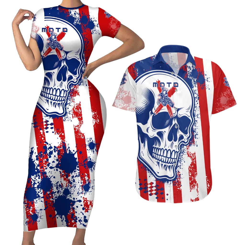 Moto X Skull Graphic Couples Matching Short Sleeve Bodycon Dress and Hawaiian Shirt with Red White Blue Splatter and Custom Number Design - Wonder Print Shop