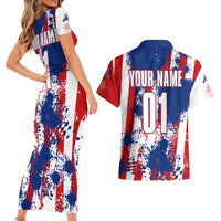Moto X Skull Graphic Couples Matching Short Sleeve Bodycon Dress and Hawaiian Shirt with Red White Blue Splatter and Custom Number Design - Wonder Print Shop