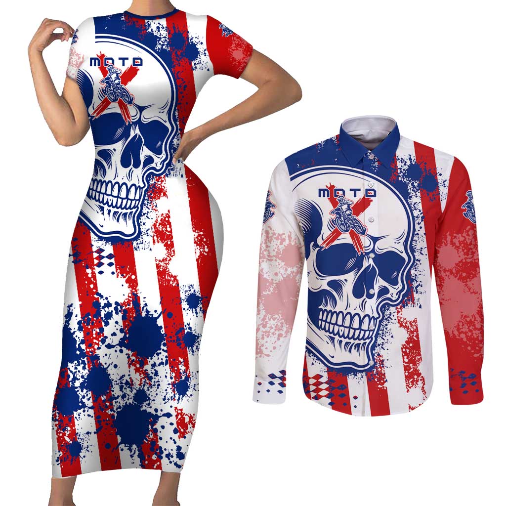 Moto X Skull Graphic Couples Matching Short Sleeve Bodycon Dress and Long Sleeve Button Shirt with Red White Blue Splatter and Custom Number Design - Wonder Print Shop