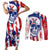 Moto X Skull Graphic Couples Matching Short Sleeve Bodycon Dress and Long Sleeve Button Shirt with Red White Blue Splatter and Custom Number Design - Wonder Print Shop